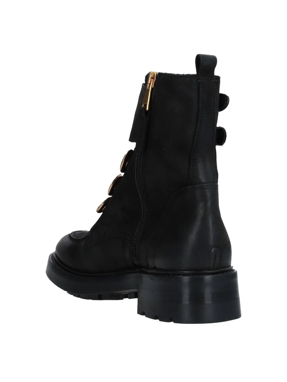 Designer Leather Combat Ankle Boots with Gold Button Accents